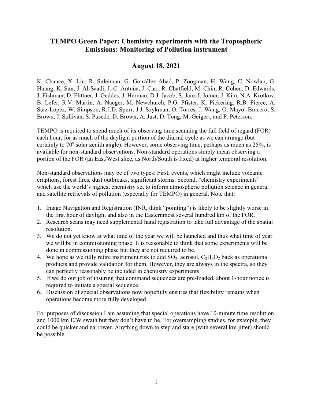 TEMPO Green Paper: Chemistry Experiments with the Tropospheric Emissions: Monitoring of Pollution Instrument