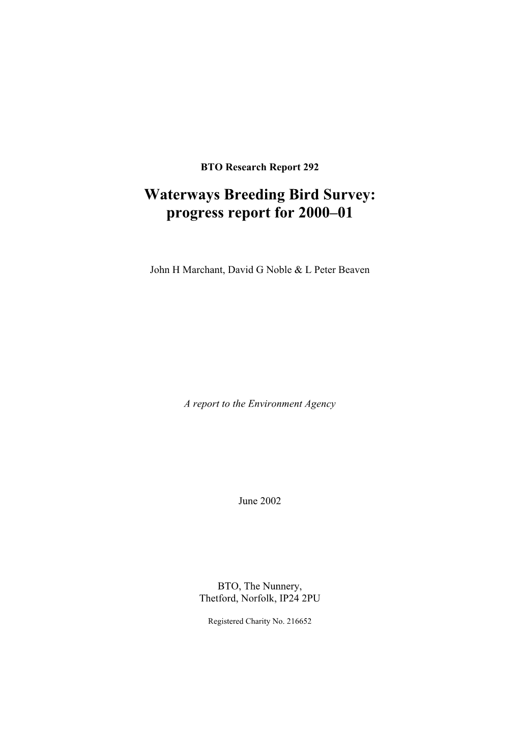 Waterways Breeding Bird Survey: Progress Report for 2000–01