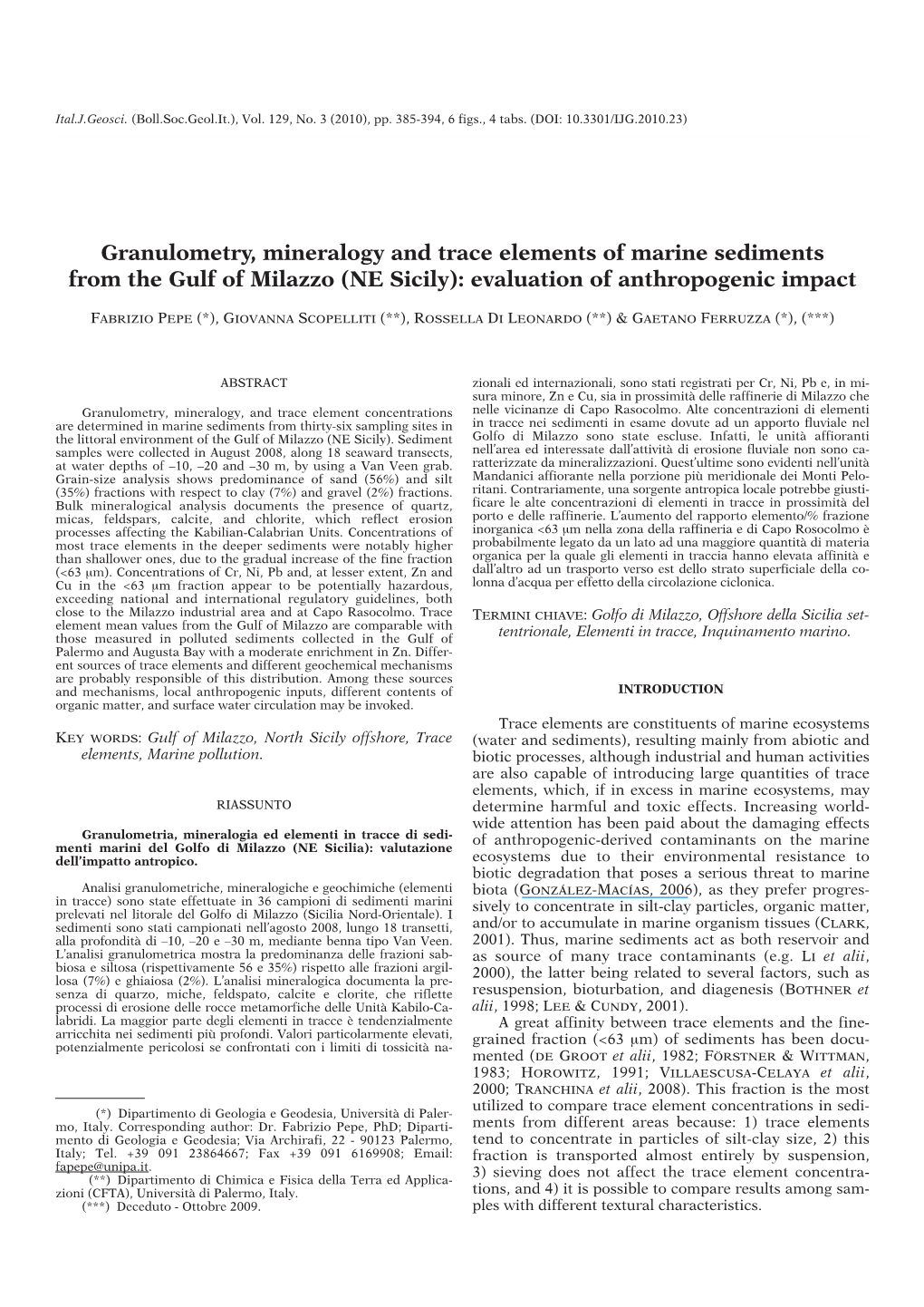 Granulometry, Mineralogy and Trace Elements of Marine Sediments from the Gulf of Milazzo (NE Sicily): Evaluation of Anthropogenic Impact