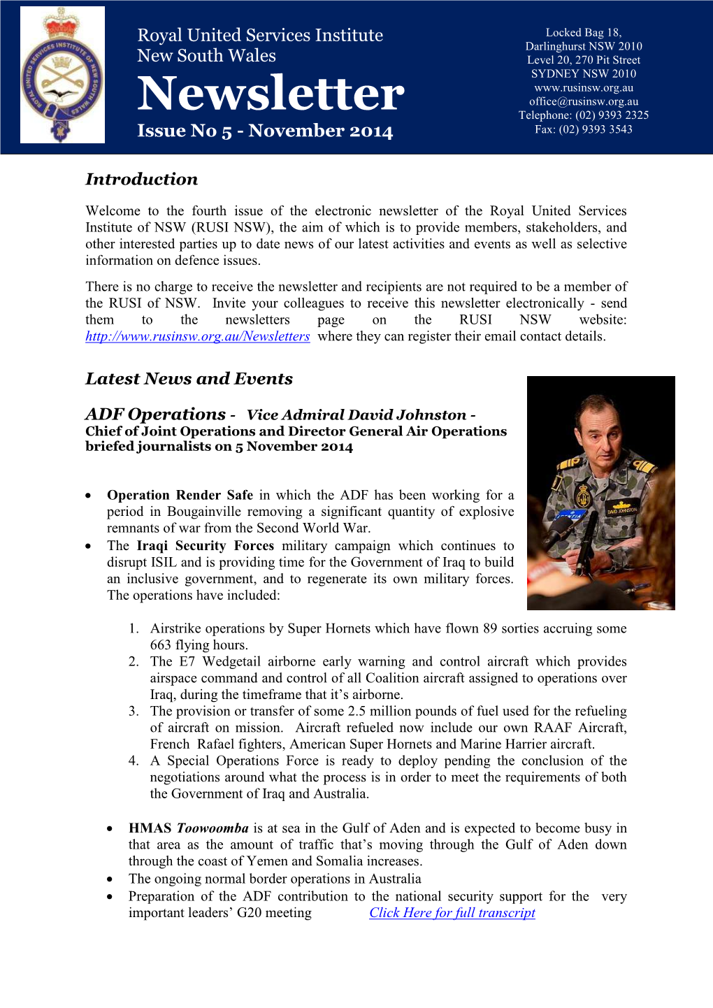 Newsletter Office@Rusinsw.Org.Au Telephone: (02) 9393 2325 Issue No 5 - November 2014 Fax: (02) 9393 3543