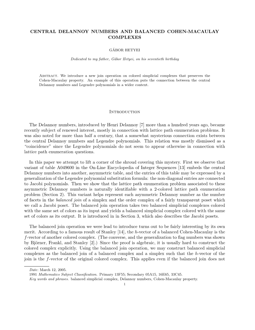 Central Delannoy Numbers and Balanced Cohen-Macaulay Complexes