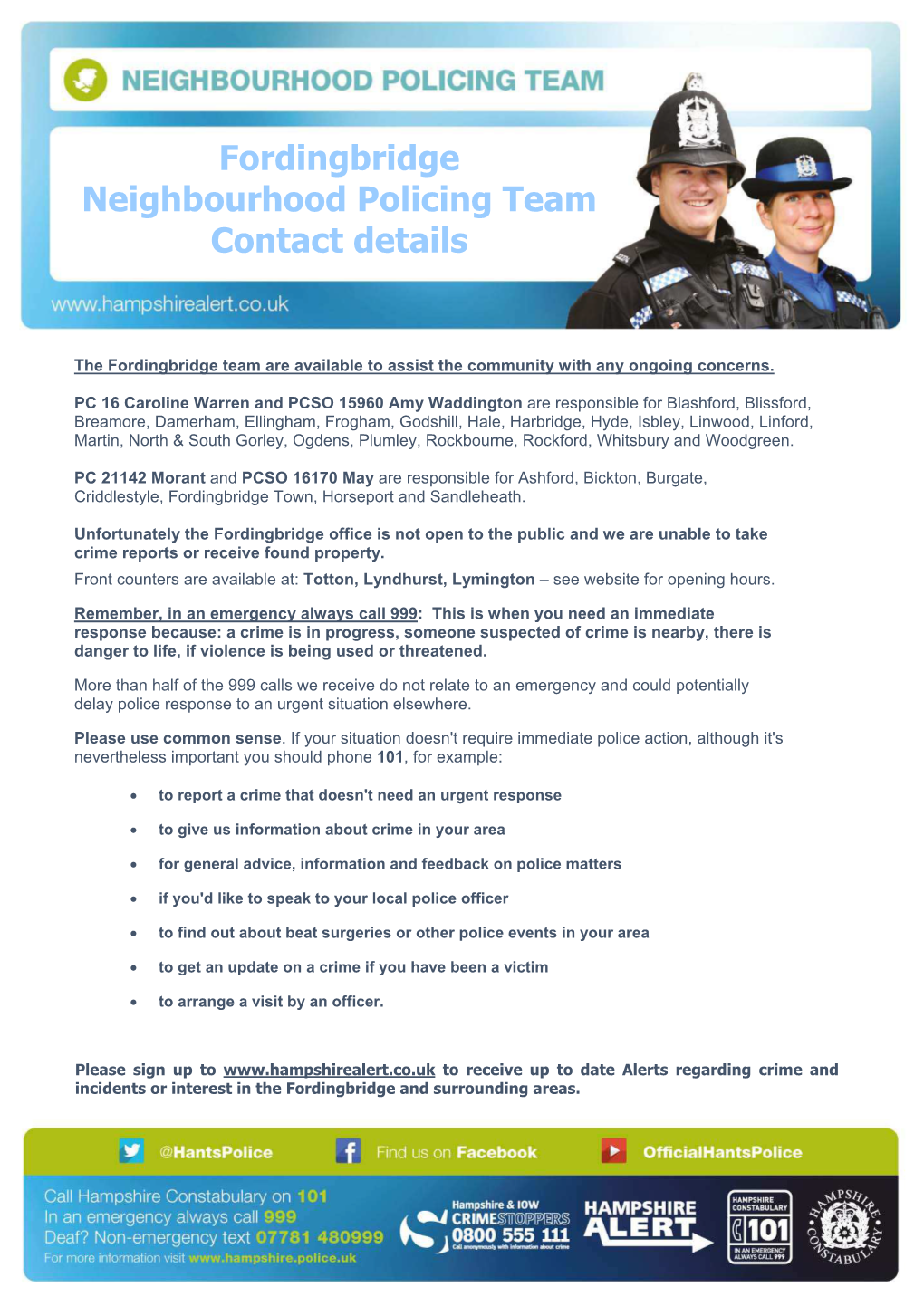 Fordingbridge Neighbourhood Policing Team Contact Details