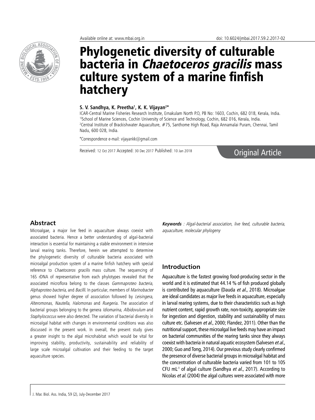 Phylogenetic Diversity of Culturable Bacteria in Chaetoceros Gracilis Mass Culture System of a Marine Finfish Hatchery