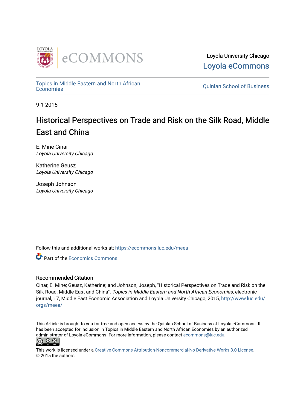 Historical Perspectives on Trade and Risk on the Silk Road, Middle East and China