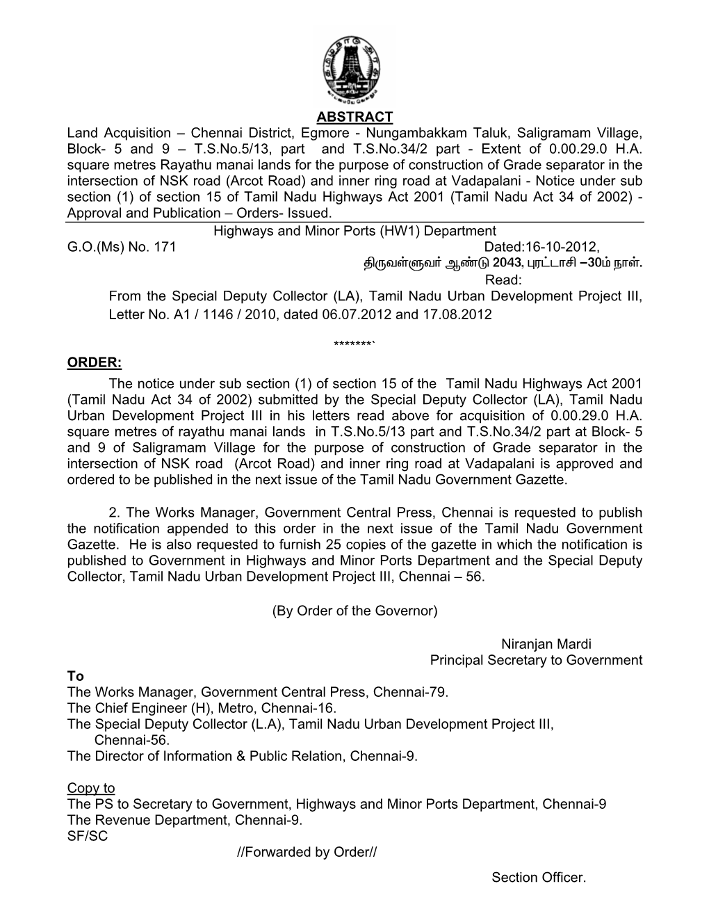 ABSTRACT Land Acquisition – Chennai District, Egmore