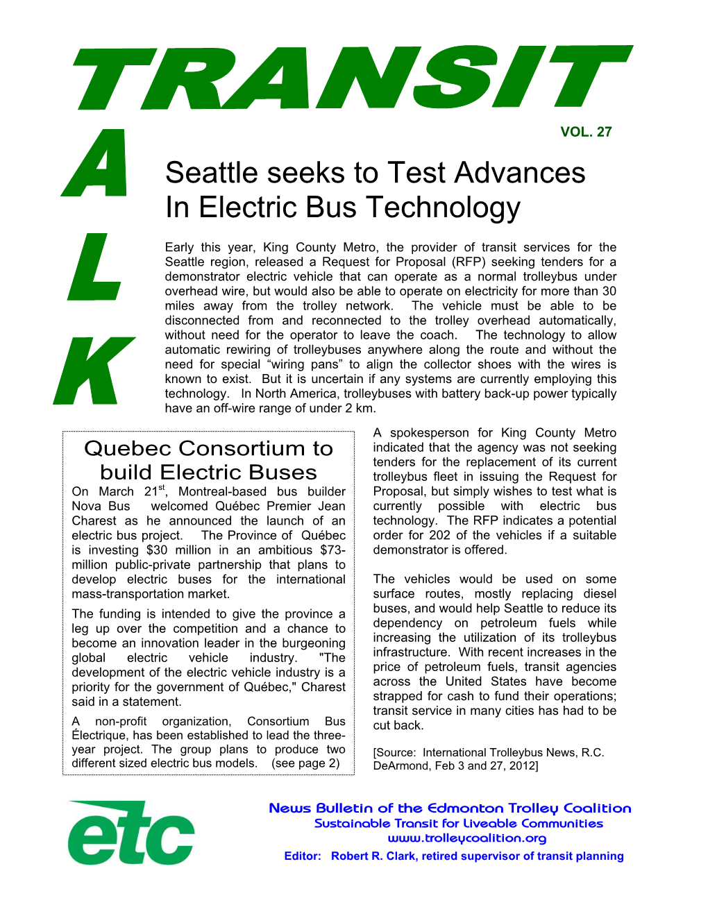 Seattle Seeks to Test Advances in Electric Bus Technology