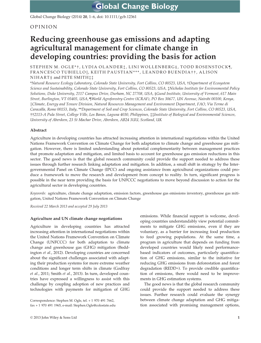 Reducing Greenhouse Gas Emissions and Adapting Agricultural Management for Climate Change in Developing Countries: Providing the Basis for Action