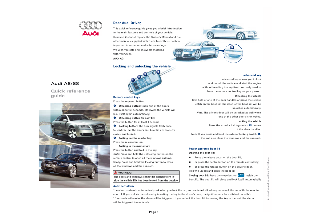 Audi A8/S8 Quick Reference Guide