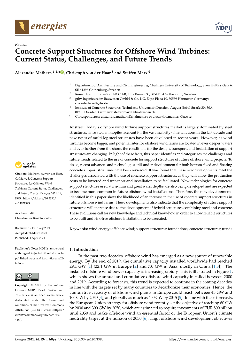 Concrete Support Structures for Offshore Wind Turbines: Current Status, Challenges, and Future Trends