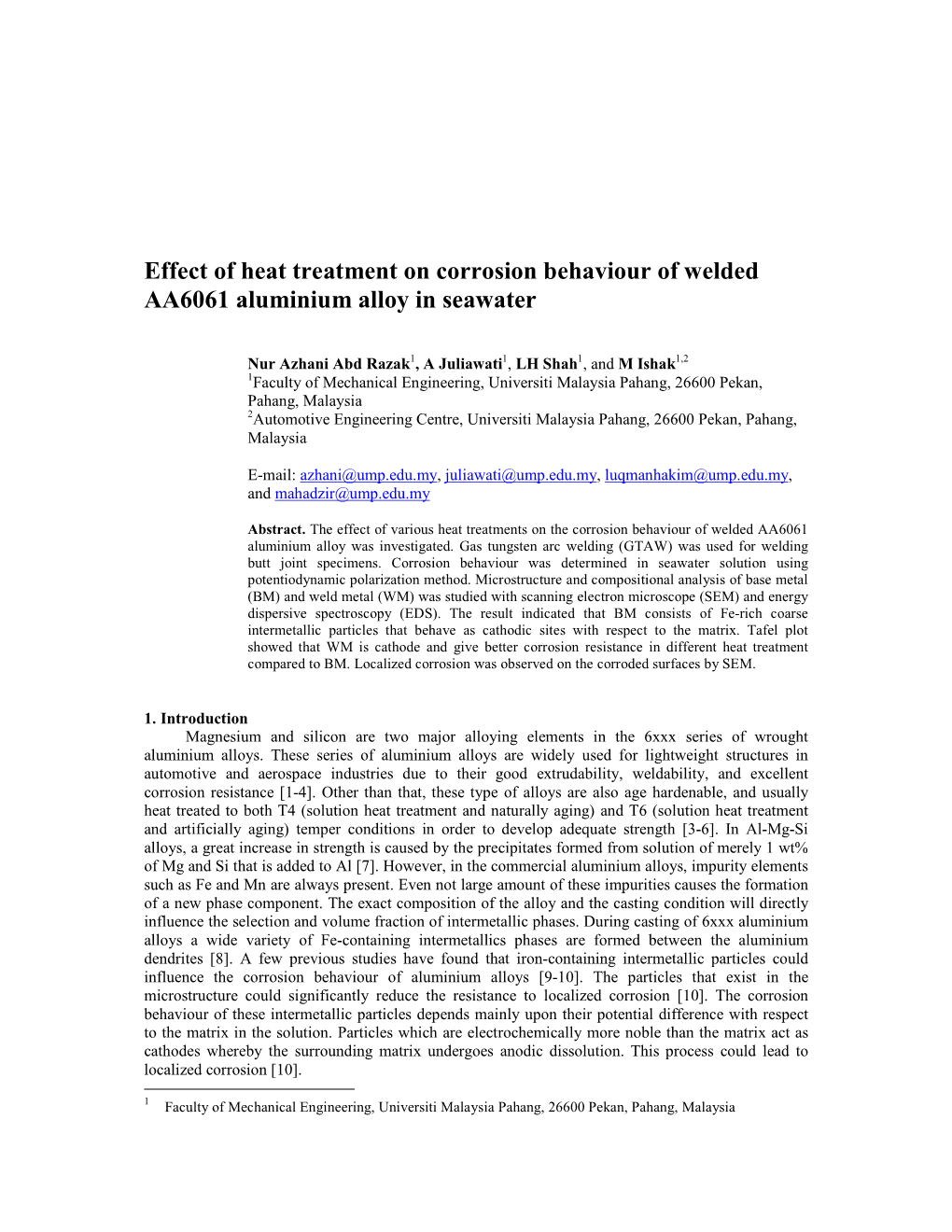 Effect of Heat Treatment on Corrosion Behaviour of Welded AA6061 Aluminium Alloy in Seawater