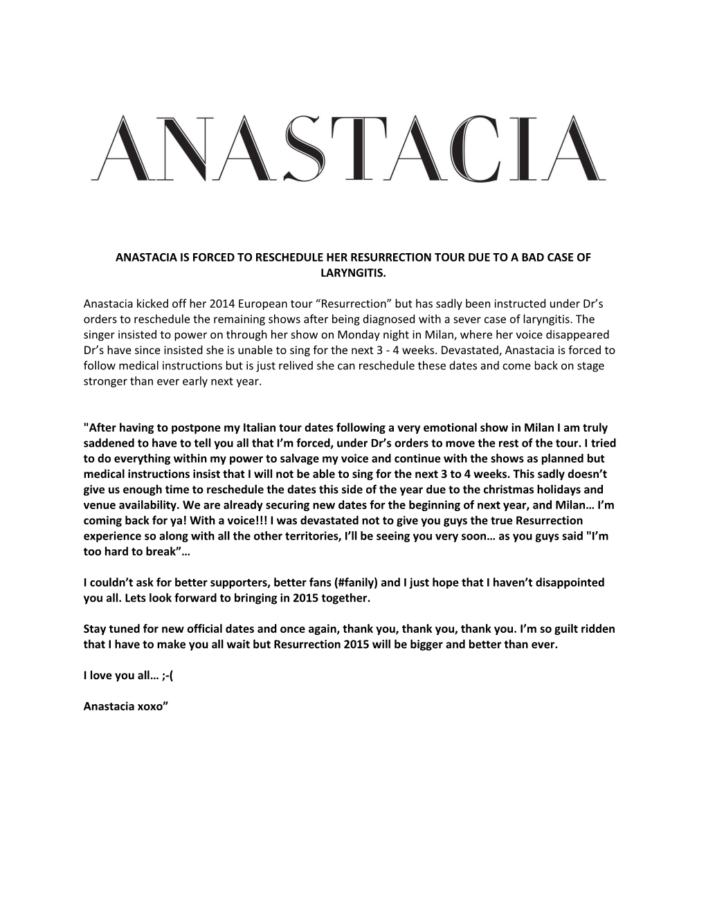 Anastacia Is Forced to Reschedule Her Resurrection Tour Due to a Bad Case of Laryngitis