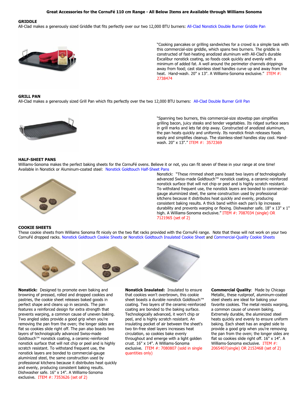 Great Accessories for the Cornufé 110 Cm Range - All Below Items Are Available Through Williams Sonoma