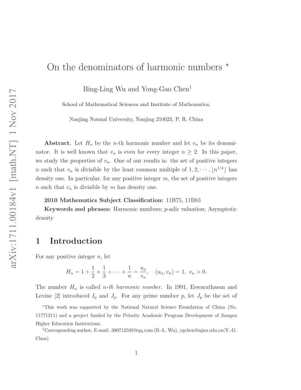 1 Nov 2017 on the Denominators of Harmonic Numbers