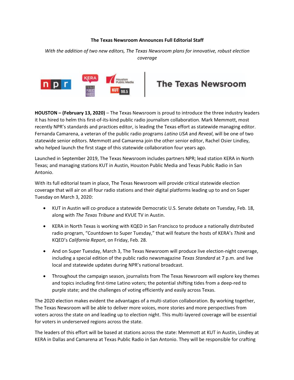 The Texas Newsroom Announces Full Editorial Staff