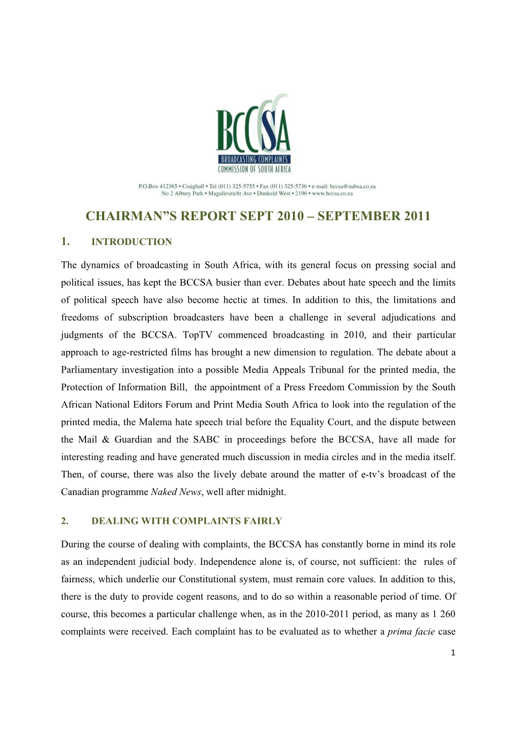 Chairman”S Report Sept 2010 – September 2011