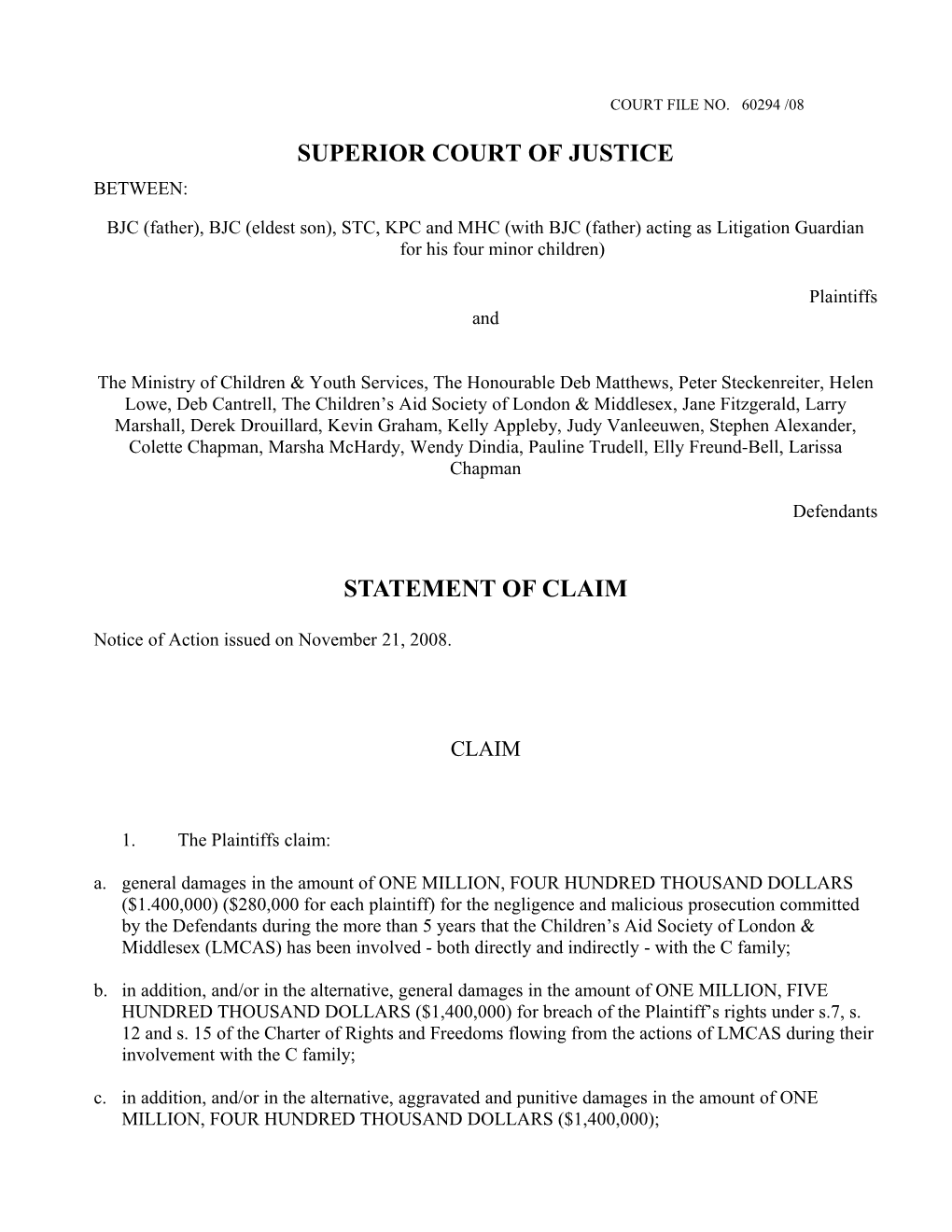 Form 14A Statement of Claim (General)