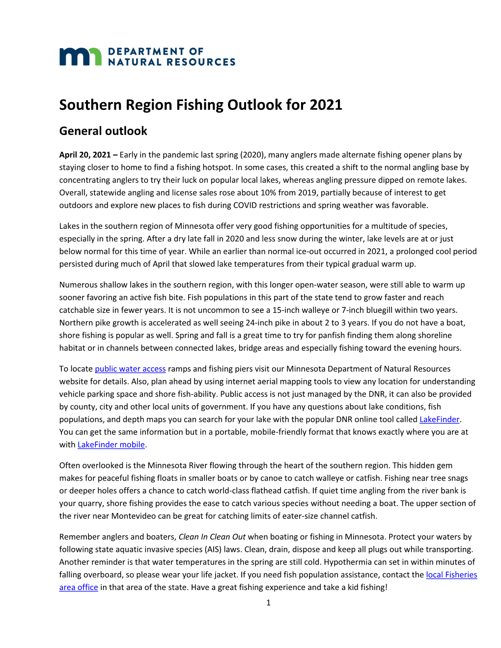 Southern Region Fishing Outlook for 2021 General Outlook