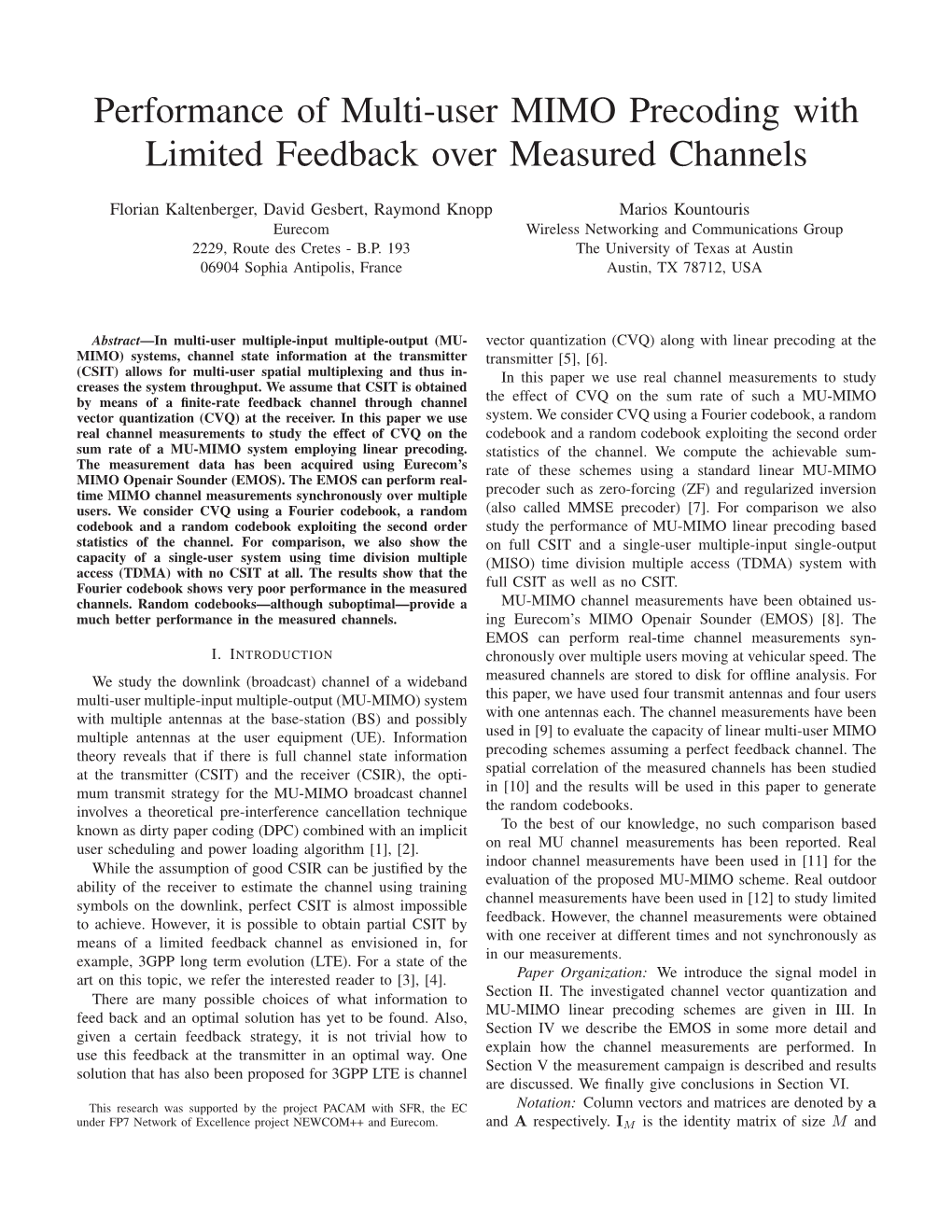 Performance of Multi-User MIMO Precoding with Limited Feedback Over Measured Channels
