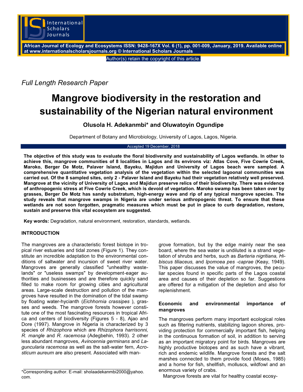 Mangrove Biodiversity in the Restoration and Sustainability of the Nigerian Natural Environment