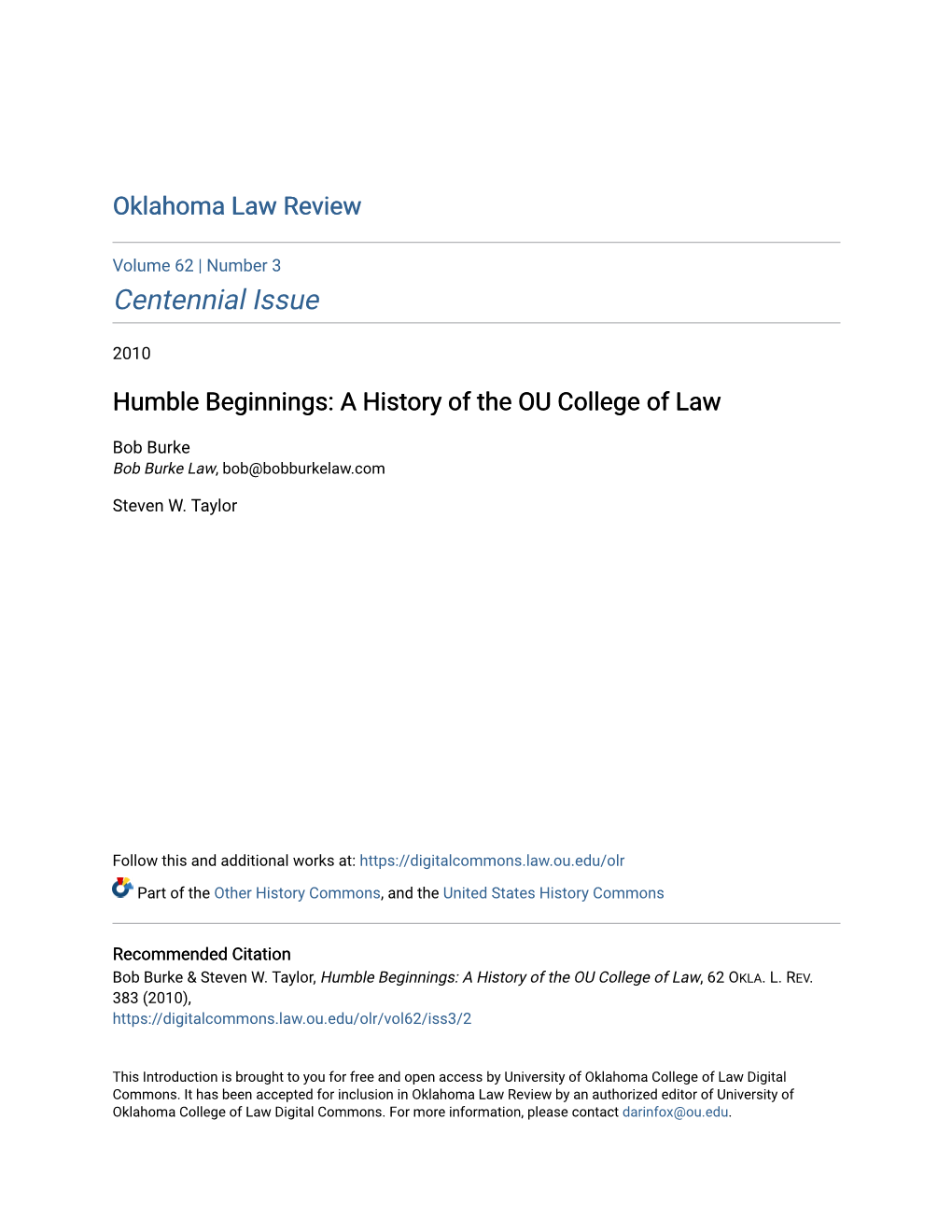 Humble Beginnings: a History of the OU College of Law