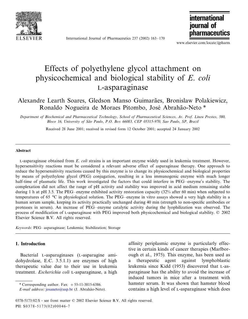 Effects of Polyethylene Glycol Attachment on Physicochemical and Biological Stability of E