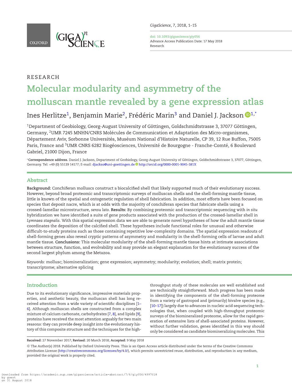 Molecular Modularity and Asymmetry of the Molluscan Mantle Revealed by a Gene Expression Atlas Ines Herlitze1, Benjamin Marie2,Fred´ Eric´ Marin3 and Daniel J