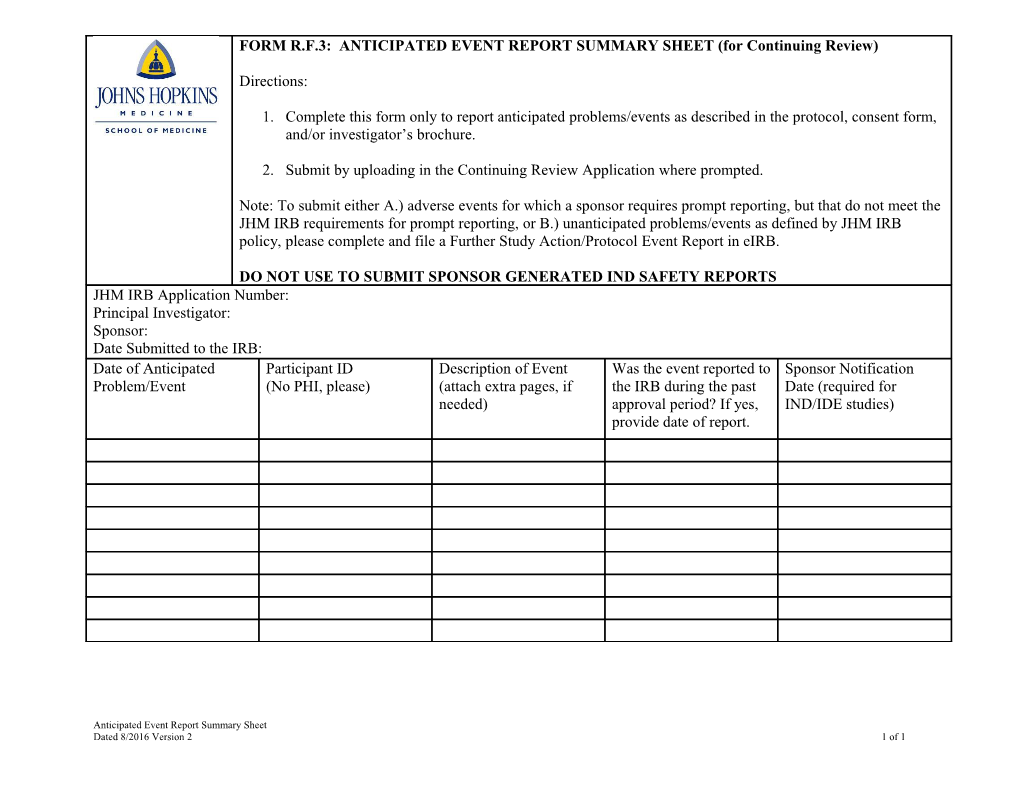 Anticipated Event Report Summary Sheet