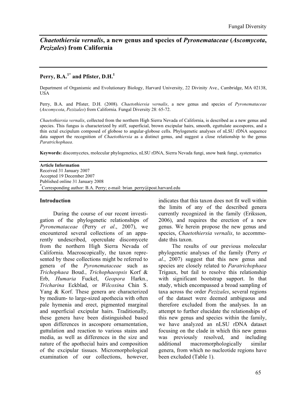 Chaetothiersia Vernalis, a New Genus and Species of Pyronemataceae (Ascomycota, Pezizales) from California