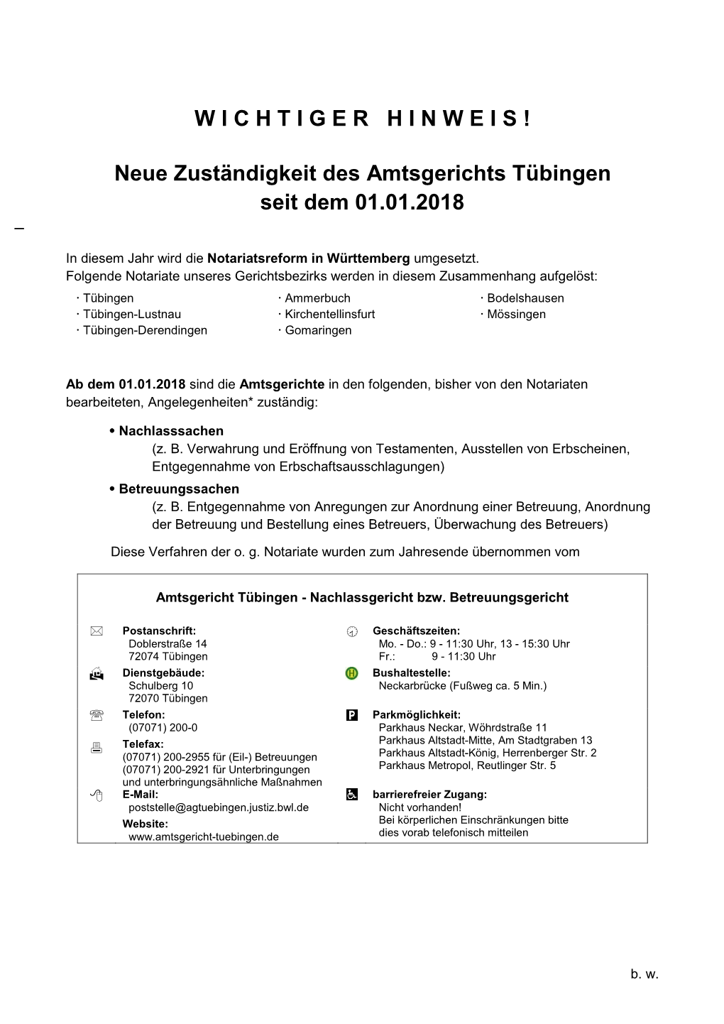 Neue Zuständigkeit Des Amtsgerichts Tübingen Seit Dem 01.01.2018