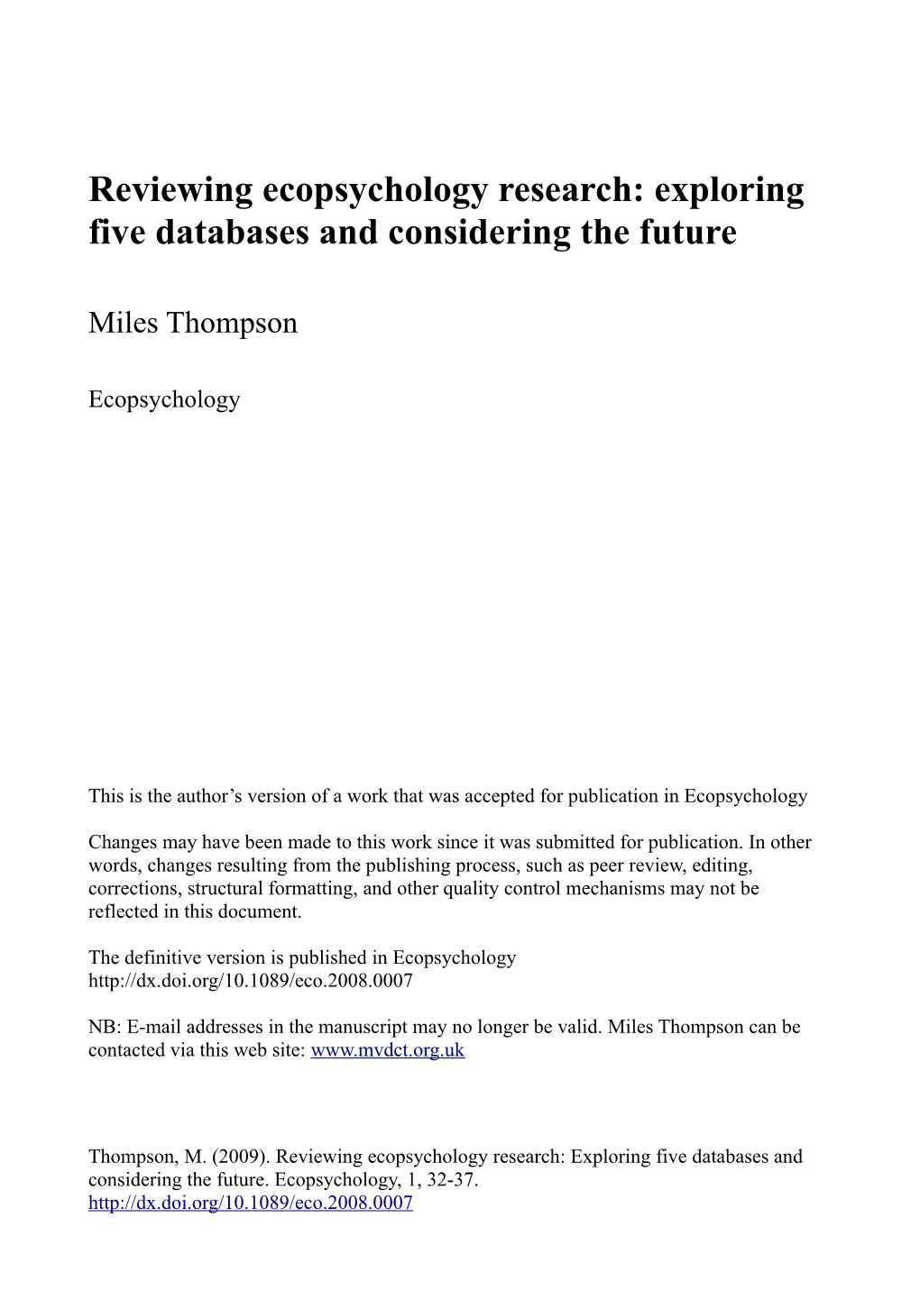 Reviewing Ecopsychology Research: Exploring Five Databases and Considering the Future