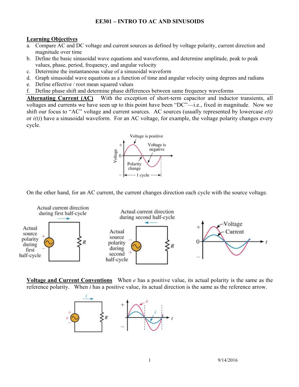 EE301 – INTRO to AC and SINUSOIDS Learning Objectives