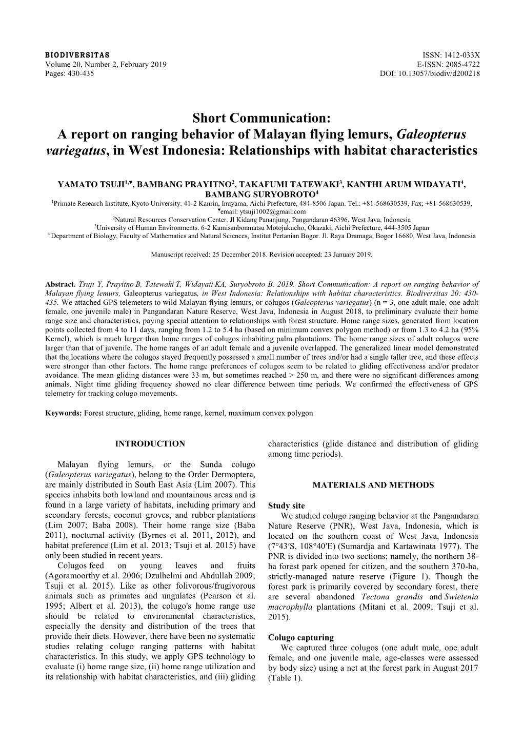 A Report on Ranging Behavior of Malayan Flying Lemurs, Galeopterus Variegatus, in West Indonesia: Relationships with Habitat Characteristics