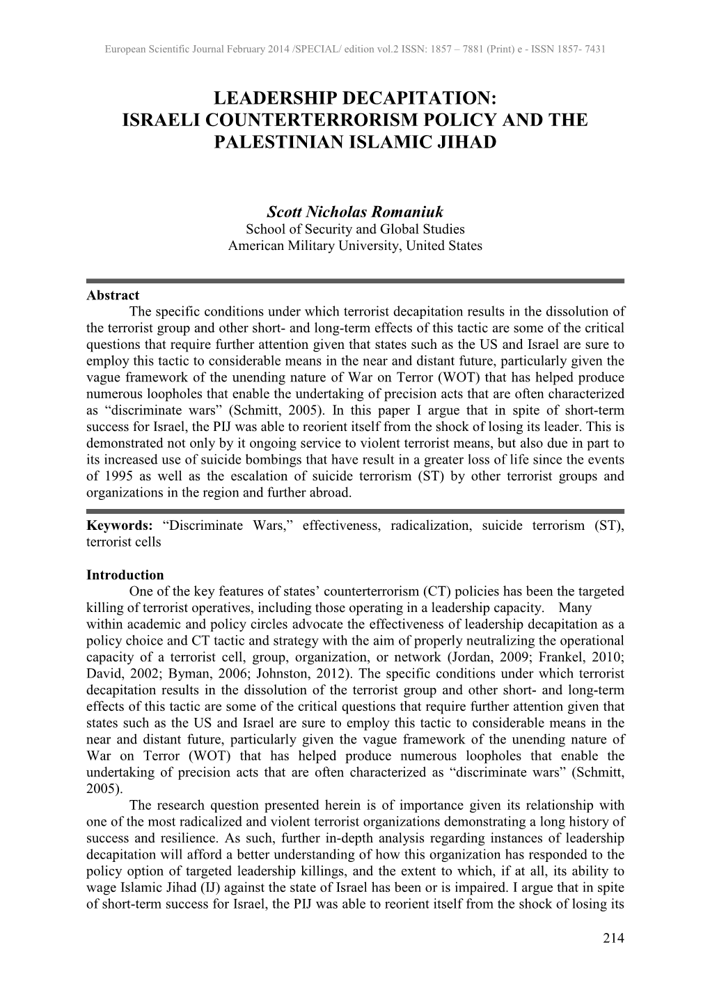 Leadership Decapitation: Israeli Counterterrorism Policy and the Palestinian Islamic Jihad