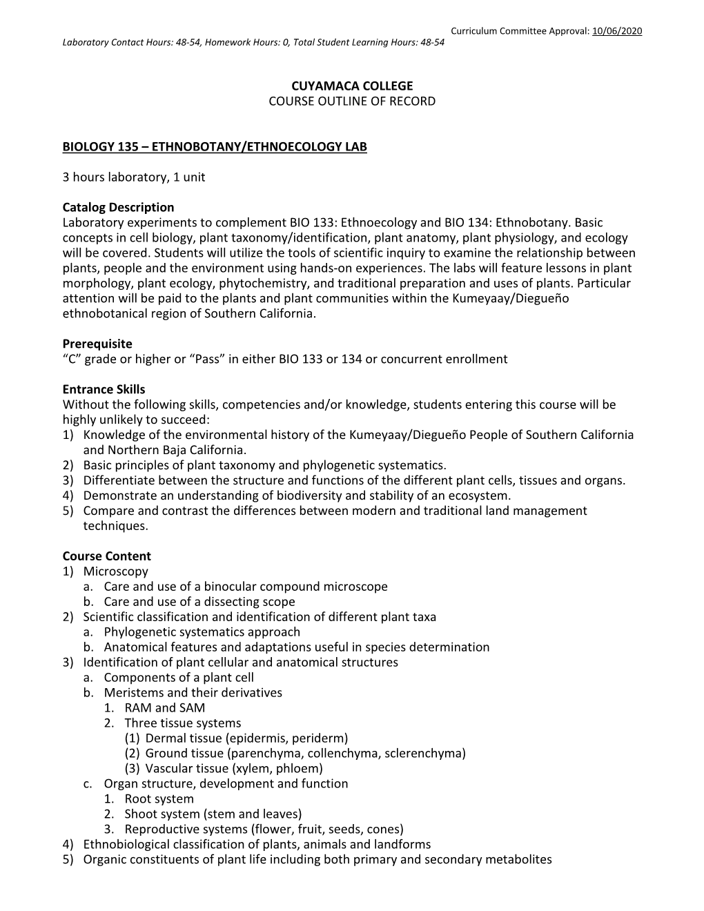 Cuyamaca College Course Outline of Record Biology