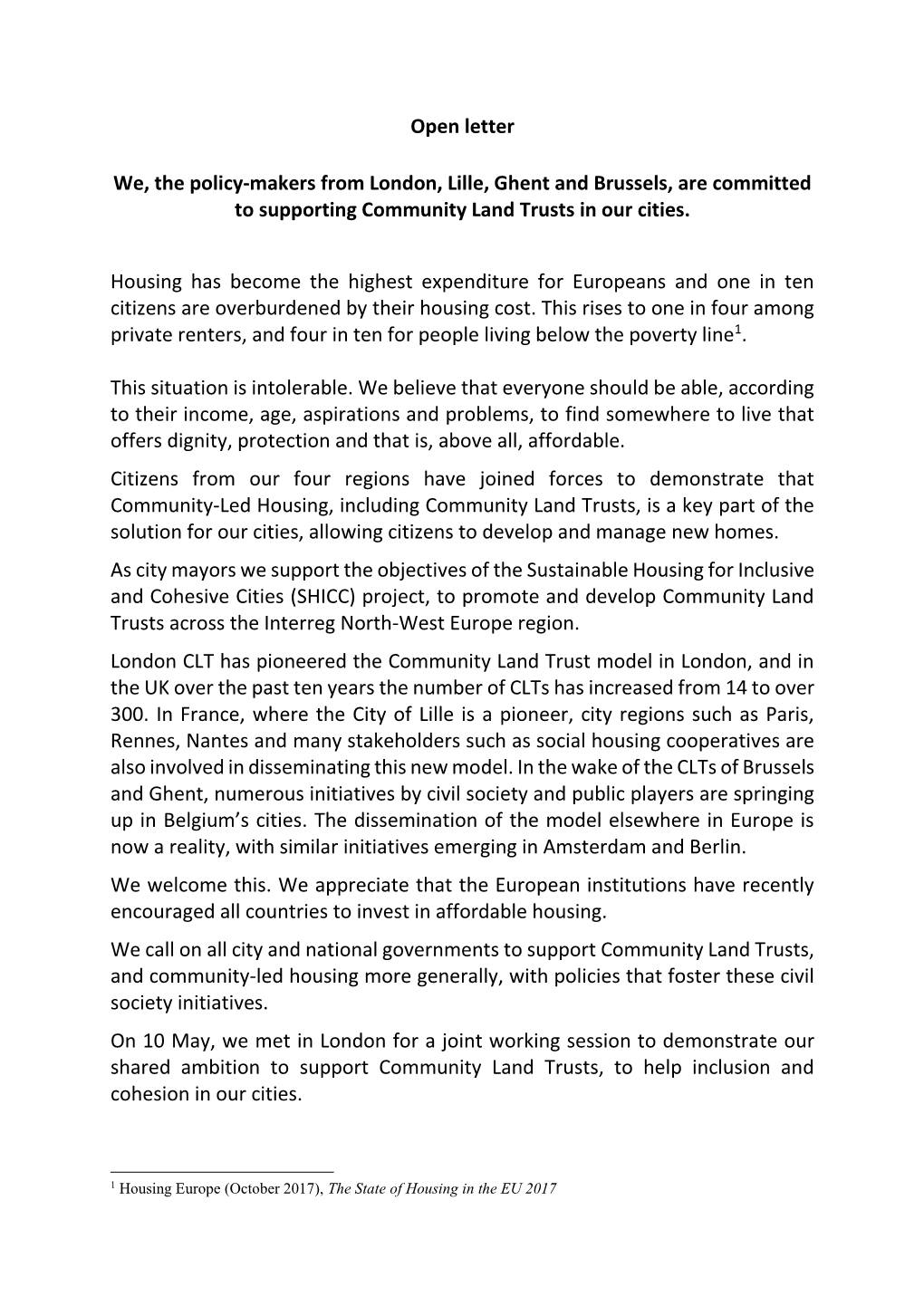 Open Letter We, the Policy-Makers from London, Lille, Ghent and Brussels, Are Committed to Supporting Community Land Trusts in O