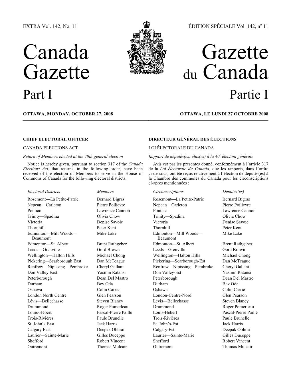 Partie I, Vol. 142, No 11, Édition Spéciale ( 89Ko)