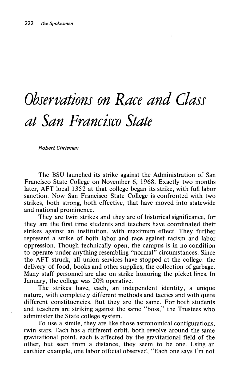 Observations on Race and Class at San Francisco State