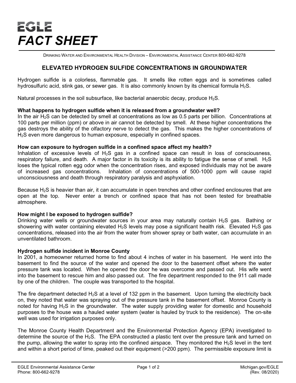 Elevated Hydrogen Sulfide Concentrations in Groundwater