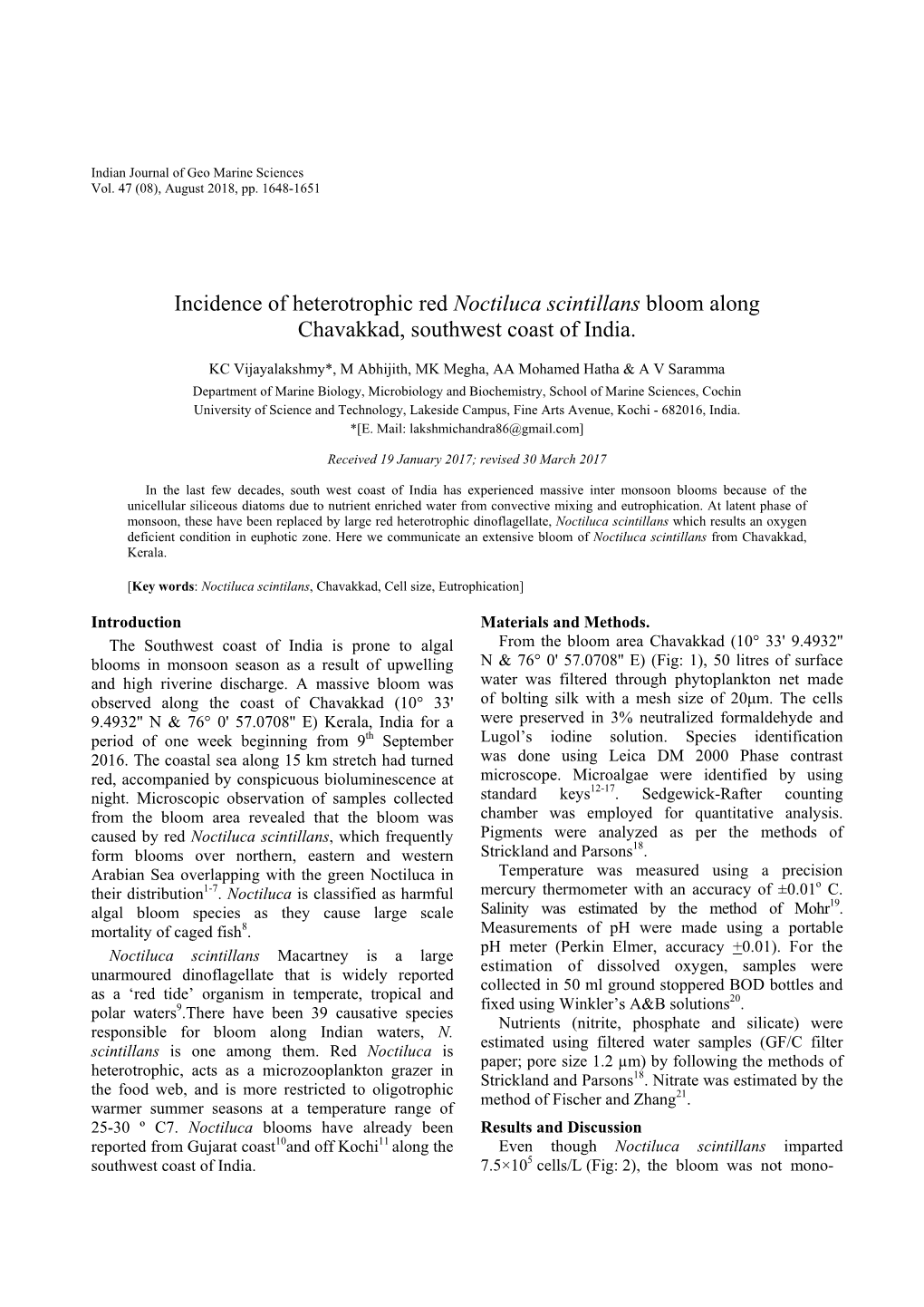 Incidence of Heterotrophic Red Noctiluca Scintillans Bloom Along Chavakkad, Southwest Coast of India