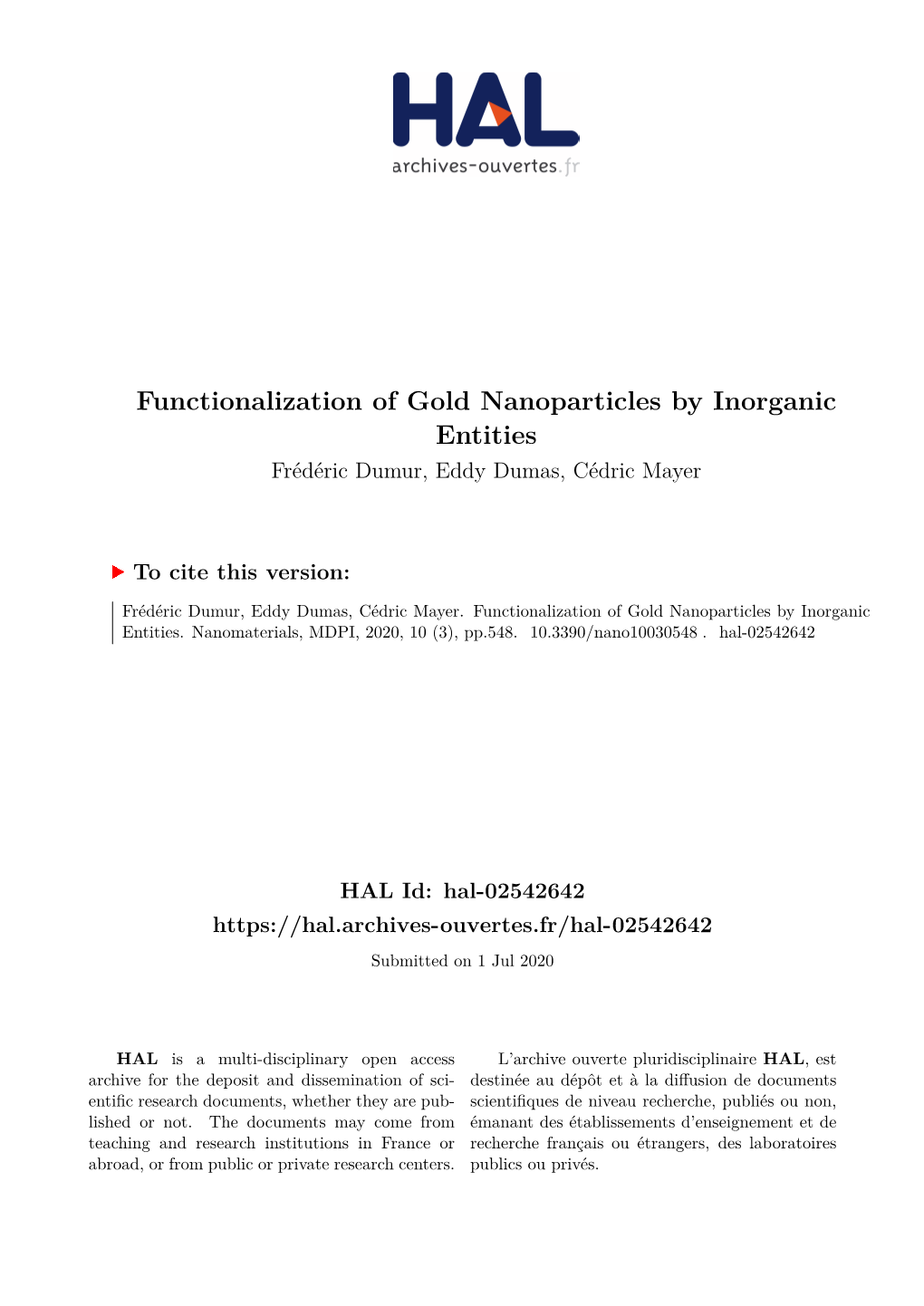 Functionalization of Gold Nanoparticles by Inorganic Entities Frédéric Dumur, Eddy Dumas, Cédric Mayer