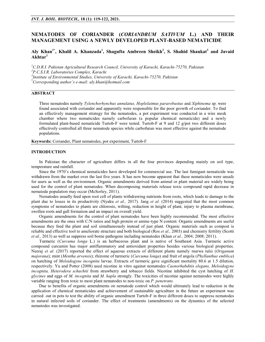 Nematodes of Coriander (Coriandrum Sativum L.) and Their Management Using a Newly Developed Plant-Based Nematicide