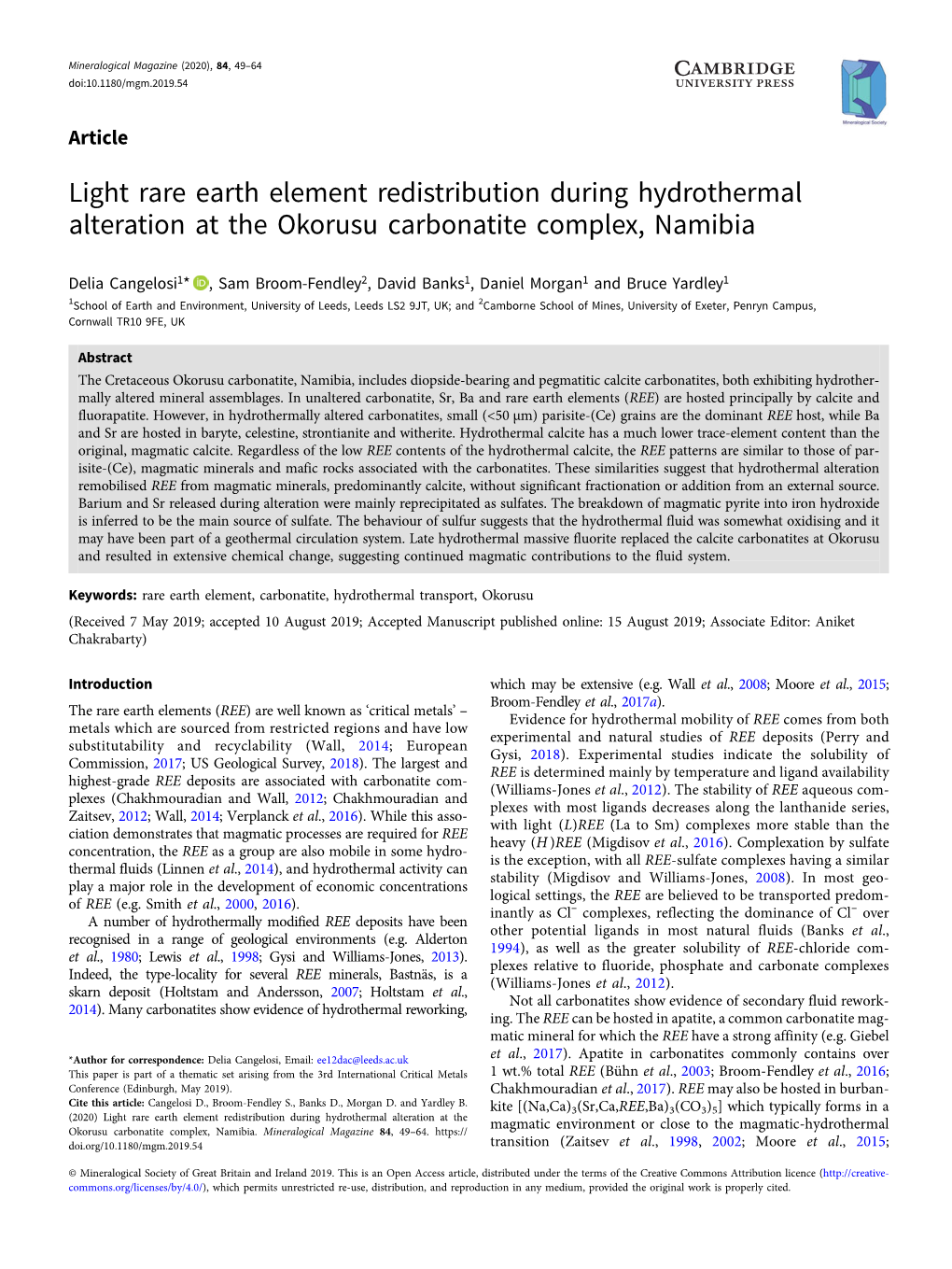 Light Rare Earth Element Redistribution During Hydrothermal Alteration at the Okorusu Carbonatite Complex, Namibia