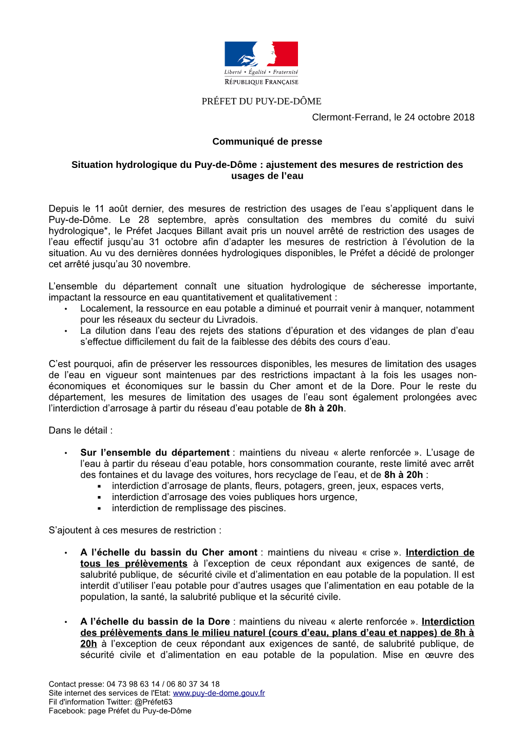 Situation Hydrologique Du Puy-De-Dôme : Ajustement Des Mesures De Restriction Des Usages De L’Eau