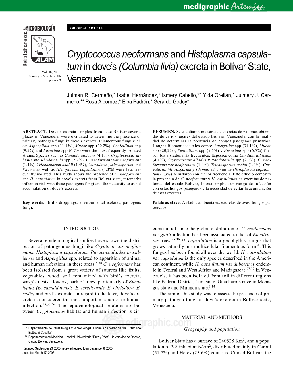 Cryptococcus Neoformans and Histoplasma Capsulatum in Dove's