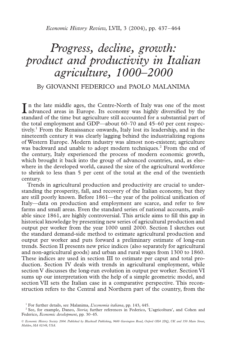 Product and Productivity in Italian Agriculture, 1000–2000 by GIOVANNI FEDERICO and PAOLO MALANIMA