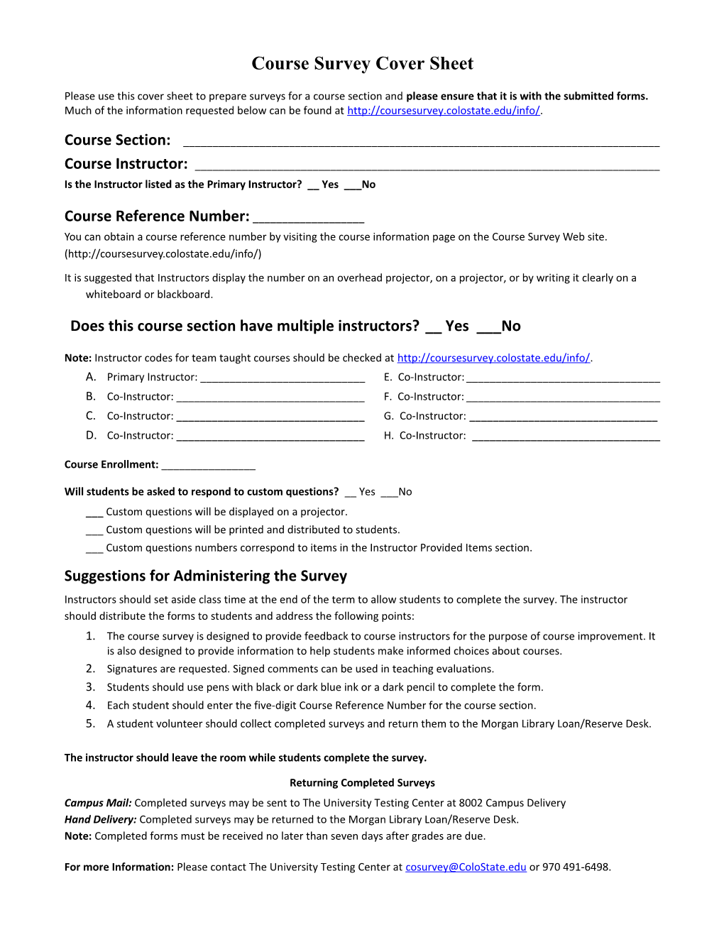 Course Survey Cover Sheet