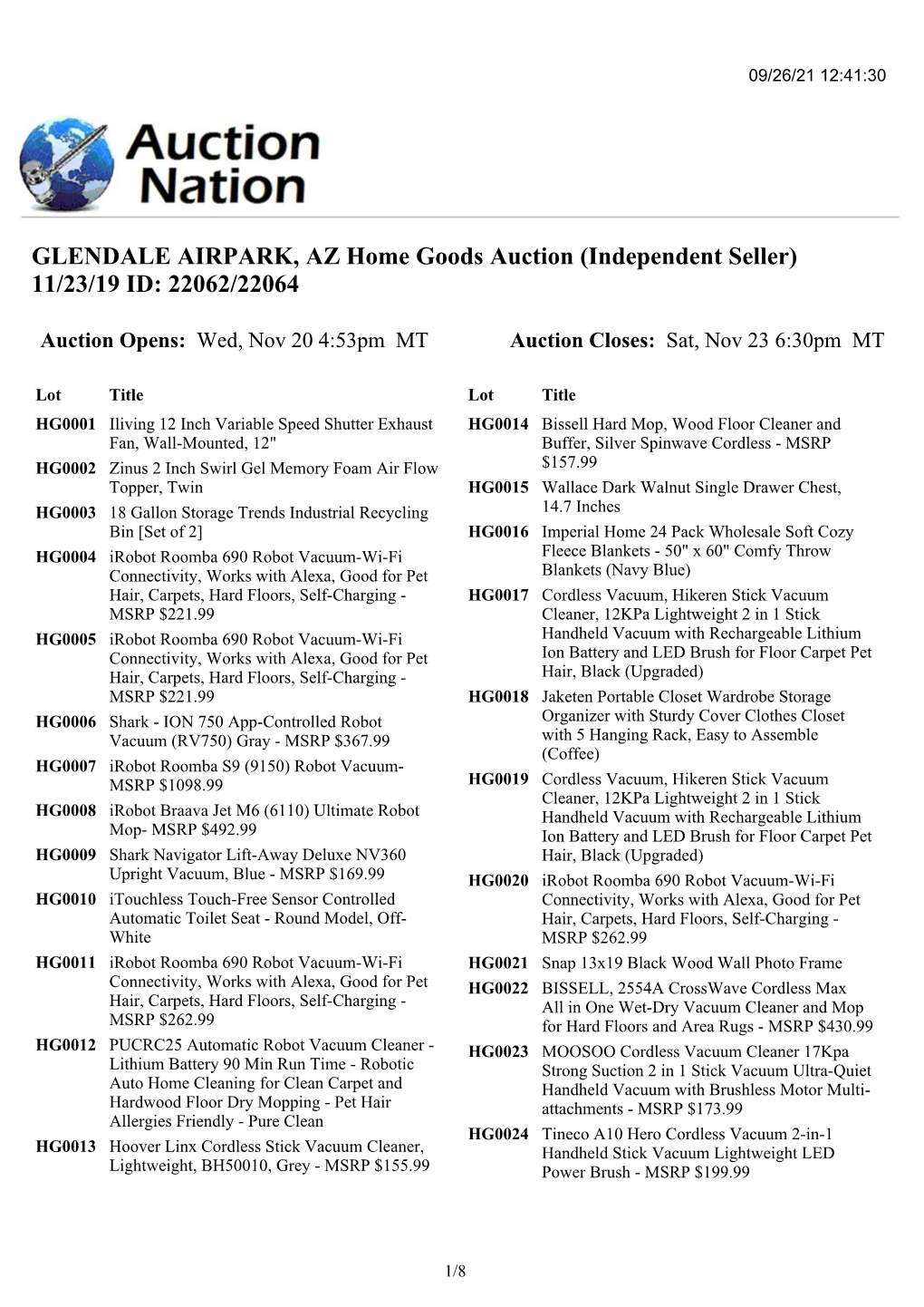 GLENDALE AIRPARK, AZ Home Goods Auction (Independent Seller) 11/23/19 ID: 22062/22064