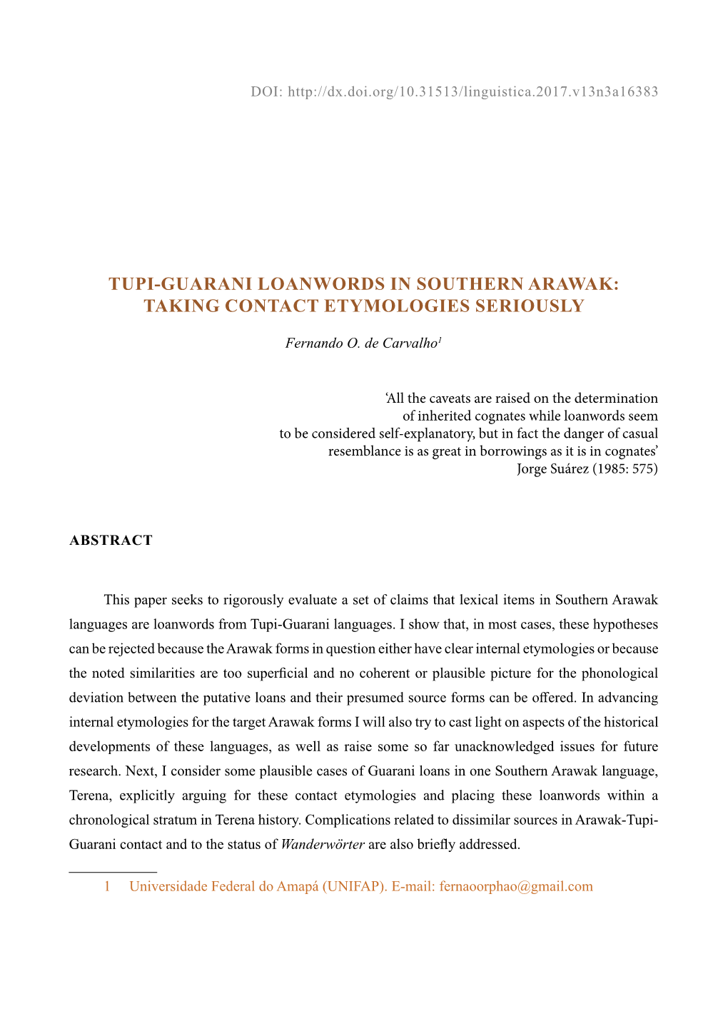 Tupi-Guarani Loanwords in Southern Arawak: Taking Contact Etymologies Seriously