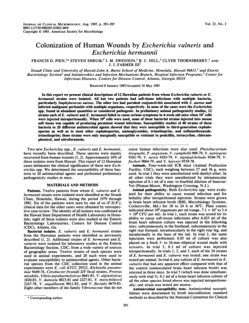 Colonization of Human Wounds by Escherichia Vulneris and Escherichia Hermannii FRANCIS D