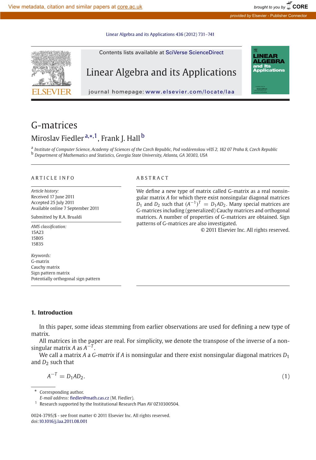 Linear Algebra and Its Applications G-Matrices